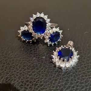 OVAL BLUE CZ JEWELRY SET IN WHITE GOLD FILLED